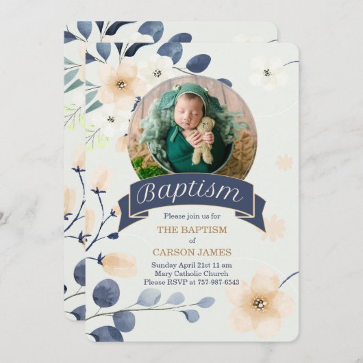 Blaue Taufe für Baby Boy Yellow Blossoms Einladung (Vorne/Hinten)