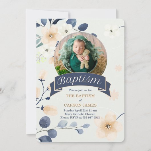 Blaue Taufe für Baby Boy Yellow Blossoms Einladung (Vorderseite)