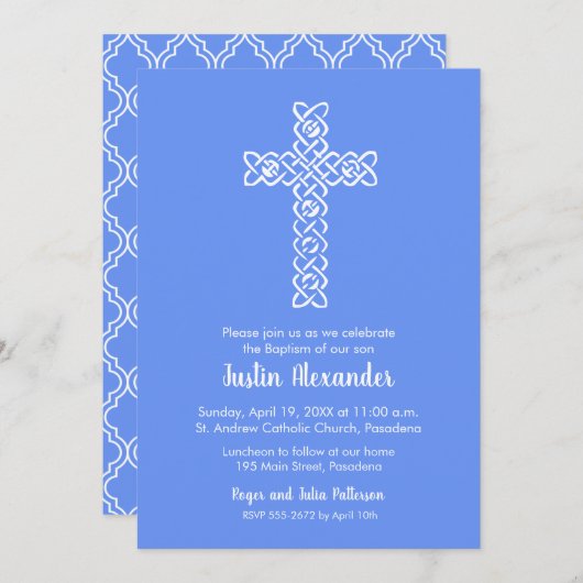 Blaue Taufe für Kreuz & Cornflower Einladung (Vorne/Hinten)