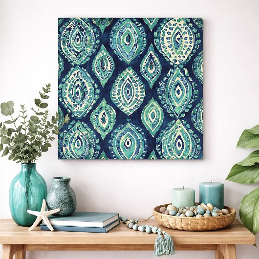Blaue Teal-Boho-Ikat-Medaillon-Muster Moderne Küst Poster