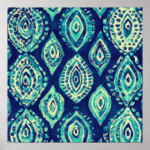 Blaue Teal-Boho-Ikat-Medaillon-Muster Moderne Küst Poster (Vorne)