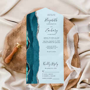 Blaue Teal Silber Achat Hochzeit All In One Einladung