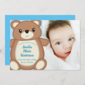 Blaue Teddy-Bär Geburtserklärung Einladung (Vorne/Hinten)