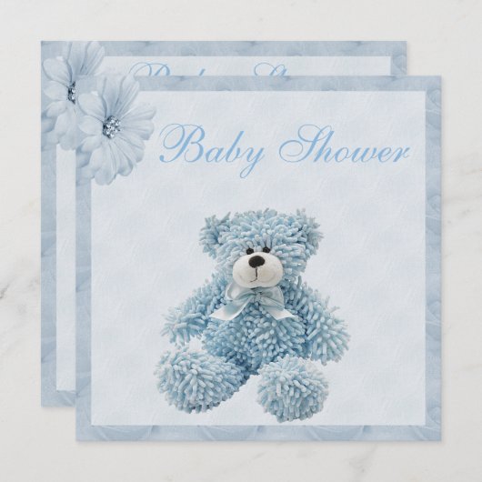 Blaue Teddy-Bärn-u. Blumen-Jungen-Baby-Dusche Einladung (Vorne/Hinten)