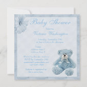 Blaue Teddy-Bärn-u. Blumen-Jungen-Baby-Dusche Einladung (Rückseite)