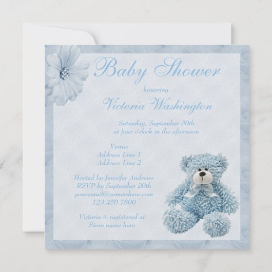 Blaue Teddy-Bärn-u. Blumen-Jungen-Baby-Dusche Einladung (Rückseite)