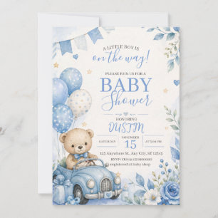Blaue Teddybär-Autofahrt-Einladung zur Babyparty Einladung