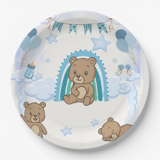 Blaue Teddybär-Baby-Partyplatte Pappteller (Vorderseite)