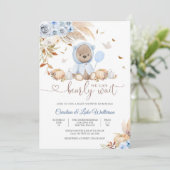 Blaue Teddybär-Baby-Shower-Einladung Einladung (Stehend Vorderseite)