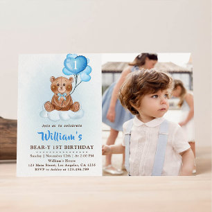 Blaue Teddybär-Ballon-Foto zum ersten Geburtstag Einladung