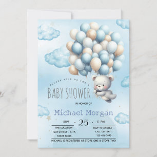 Blaue Teddybär Ballons Wolken Babyparty Einladung