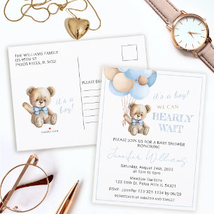 Blaue Teddybär-Balloons Baby Junge Shower Postkart Ankündigungspostkarte