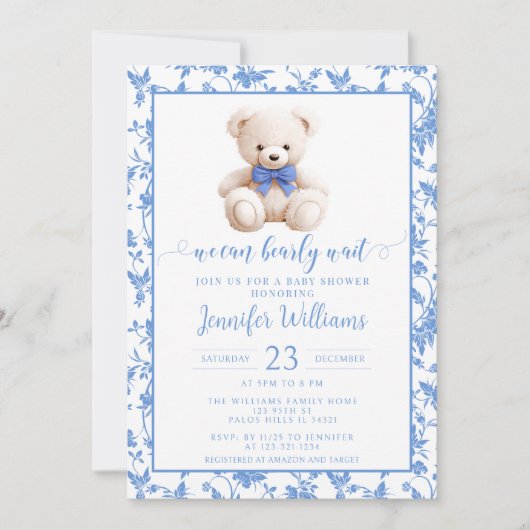 Blaue Teddybär Blütenjunge Dusche Einladung (Vorderseite)