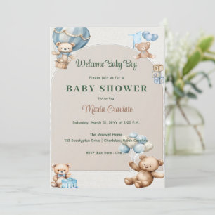 Blaue Teddybär-Heißluftballon-Baby-Shower Einladung