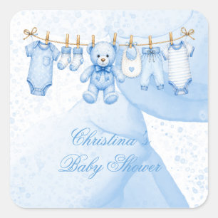 Blaue Teddybär-Wäscheleine Baby Shower Quadratischer Aufkleber
