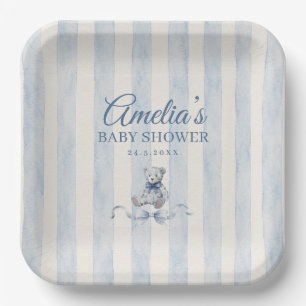 Blaue Teddybär-Wasserfarben-Streifen-Baby-Party Pappteller