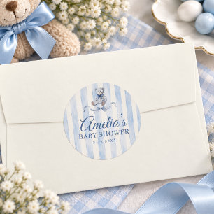 Blaue Teddybär-Wasserfarben-Streifen-Baby-Party Runder Aufkleber