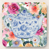 Blaue Teekannenblumen Getränkeuntersetzer (Vorderseite)
