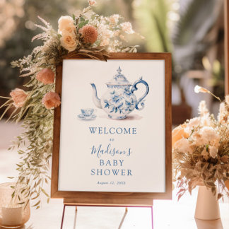 Blaue Teeparty-Baby-Shower-Willkommensschild Poster