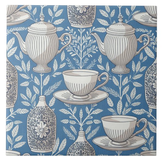 Blaue Teetassen mit Vintage-Blattdesign Fliese (Vorderseite)