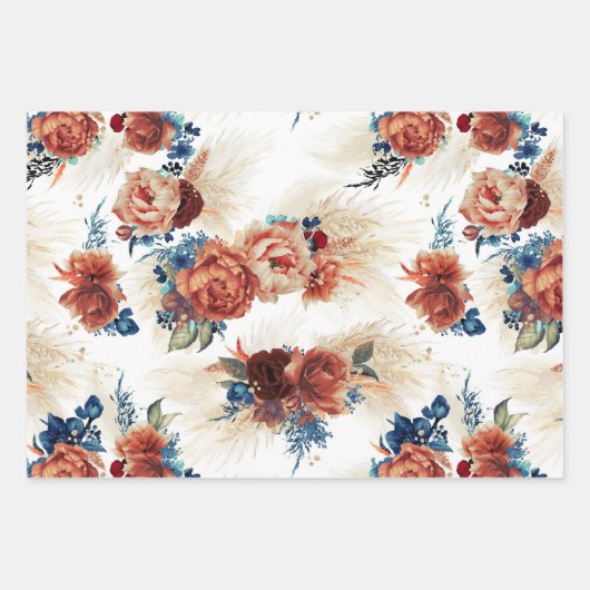 Blaue Terracotta Floral Pampas Grass Botanisch Geschenkpapier Set (Vorderseite 3)