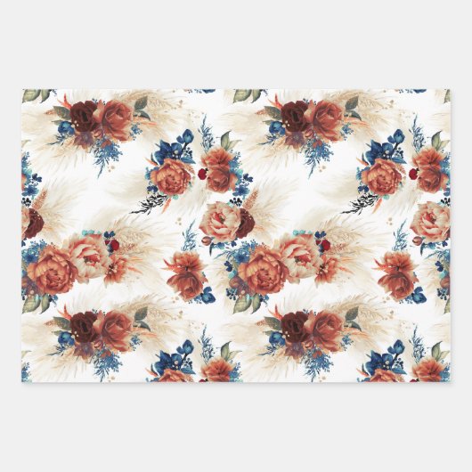 Blaue Terracotta Floral Pampas Grass Botanisch Geschenkpapier Set (Vorderseite 2)