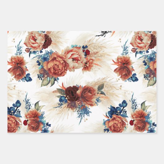 Blaue Terracotta Floral Pampas Grass Botanisch Geschenkpapier Set (Vorderseite)