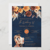 Blaue Terracotta Rust QR Code Pampas Gras Einladung (Vorderseite)