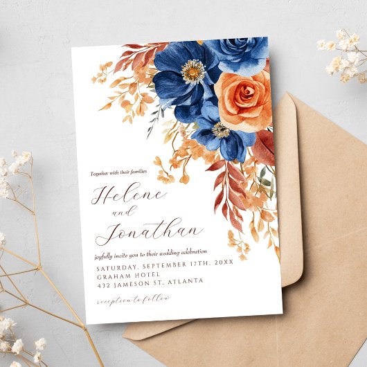 Blaue Terracotta Rust Rustikales Elegantes Hochzei Einladung