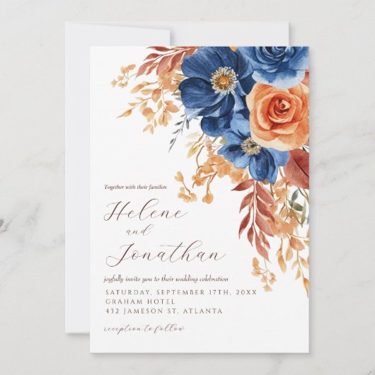 Blaue Terracotta Rust Rustikales Elegantes Hochzei Einladung (Vorderseite)