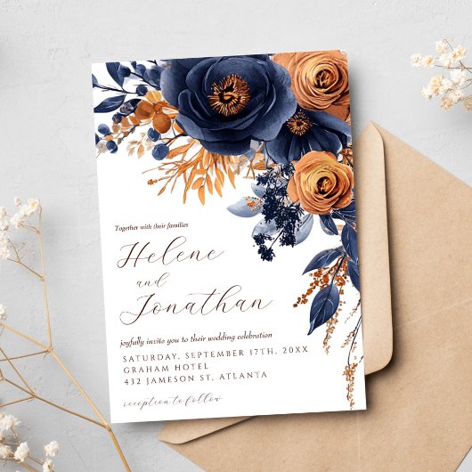 Blaue Terracotta Watercolor Elegante Hochzeit Einladung