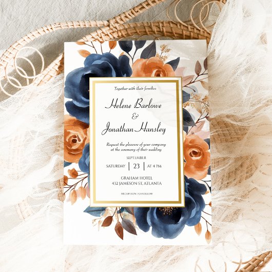 Blaue Terracotta Watercolor Elegante Hochzeit Einladung