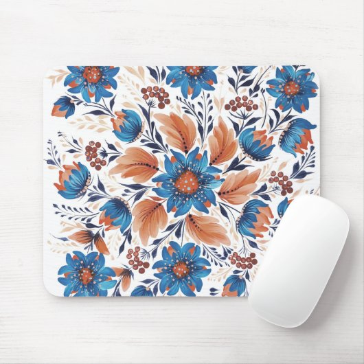 Blaue & Terrakotta-Blumen-Volks kunst-Mauspad Mousepad (Mit Mouse)