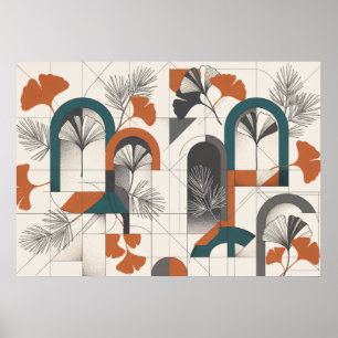 Blaue Terrakotta Geometrische Bögen Ginkgo Poster