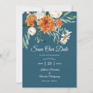 Blaue Terrakotta-Herbst-Blumen-Foto-Hochzeit Save The Date