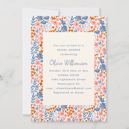 Blaue Terrakotta-Orangen-Volks-Blumen-Braut-Party Einladung (Vorderseite)