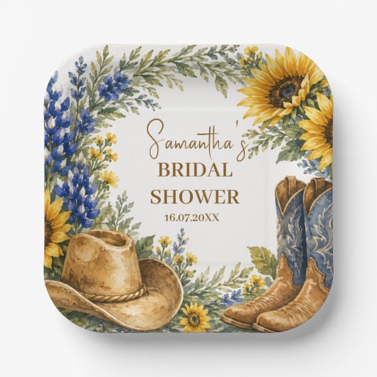 Blaue Texas-Sonnenblumen-Boho-Hochzeitsdusche Pappteller (Vorderseite)