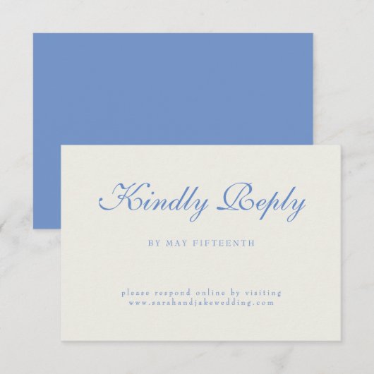 Blaue Text Creme Hochzeit RSVP Karte (Vorne/Hinten)