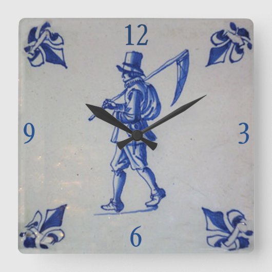 Blaue Tile Delft - Vorlage Quadratische Wanduhr (Vorderseite)
