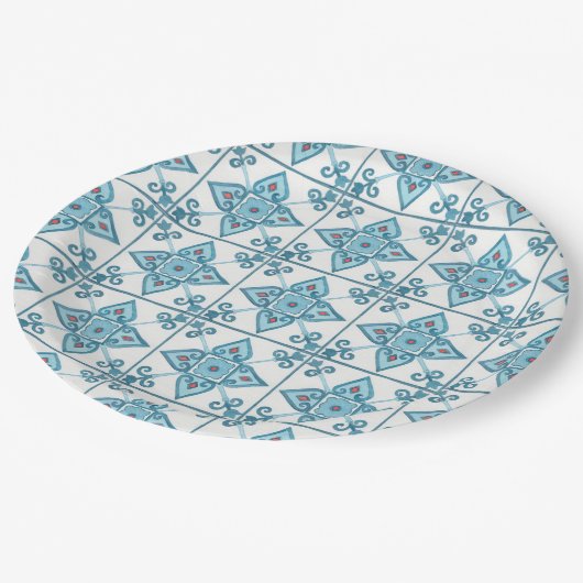 Blaue Tile-Motif Pappteller (Schrägansicht)