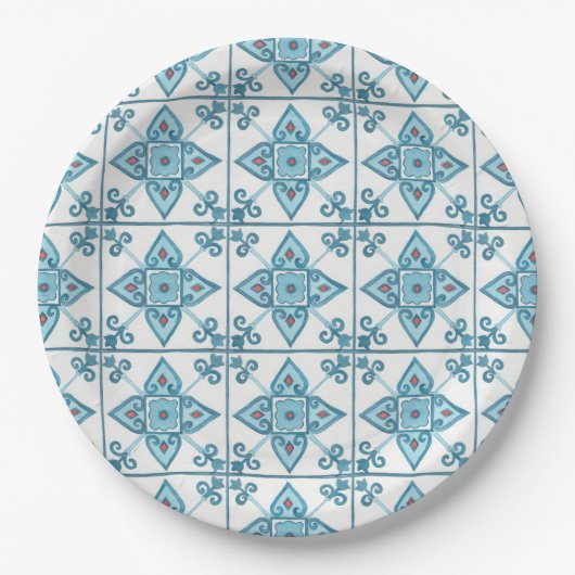 Blaue Tile-Motif Pappteller (Vorderseite)