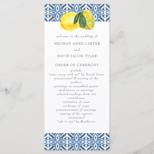 Blaue Tiles Lemons Wedding Programm (Vorderseite)