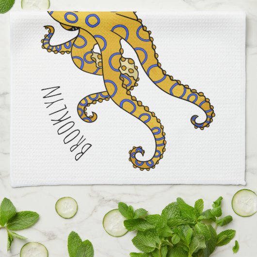 Blaue Tintenfisch-Cartoon-Abbildung Geschirrtuch (Gefaltet)