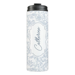 Blaue Toile-Blumen mit Schriftzug-Personalisierung Thermosbecher