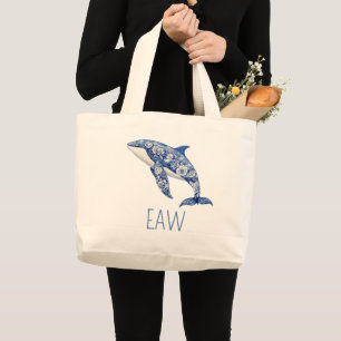 Blaue Toile-Blumen-Strand-Delfin-Personalized Jumbo Stoffbeutel