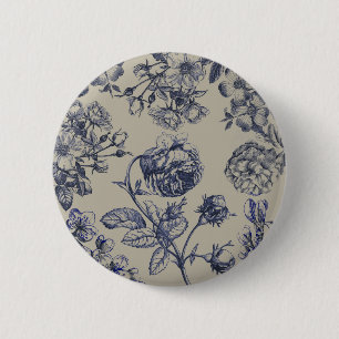 Blaue Toile-Blumenmuster im Vintage-Stil Button