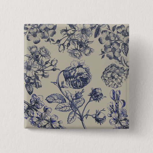 Blaue Toile-Blumenmuster im Vintage-Stil Button (Vorderseite)