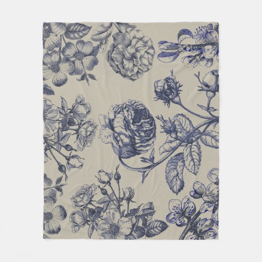 Blaue Toile-Blumenmuster im Vintage-Stil Fleecedecke (Vorderseite)