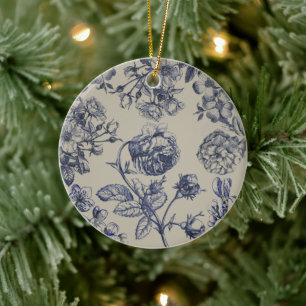 Blaue Toile-Blumenmuster im Vintage-Stil Keramik Ornament
