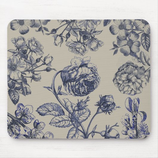 Blaue Toile-Blumenmuster im Vintage-Stil Mousepad (Vorne)